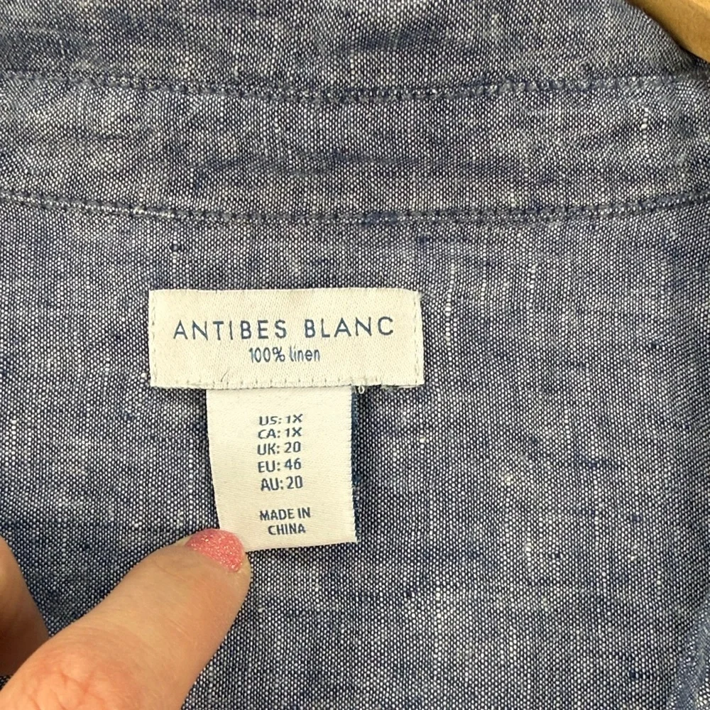 Antibes Blanc 100% Linen V-Neck Top Blue Size 1X - Picture 3 of 6